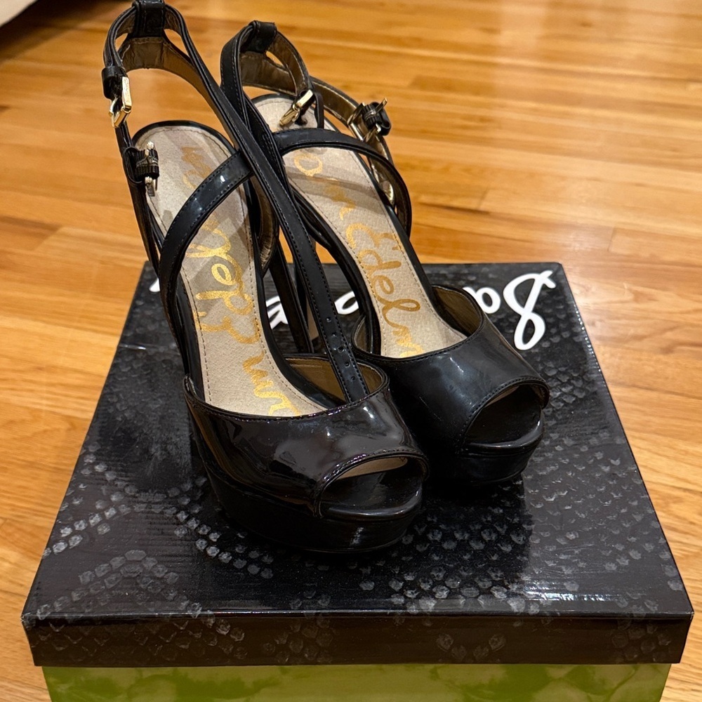 Sam Edelman Black Patent Peep-Toe Heels